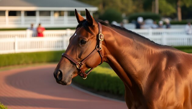 Profile of a powerful bay thoroughbred horse, a 2026 derby contender in the walking ring at the racetrack, showcasing elite equestrian competition for a horse racing concept