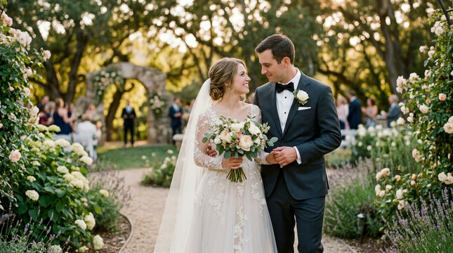 Happy newlyweds, bride in elegant lace gown and her groom, share loving glance while walking down beautiful garden path after their romantic outdoor wedding ceremony surrounded by blooming roses and l