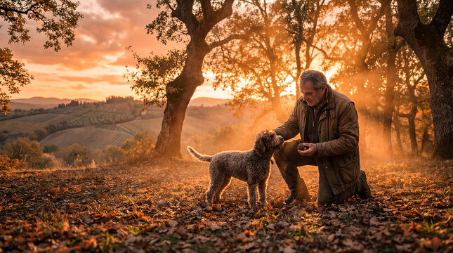 Man training dog in golden hour landscape with rolling hills