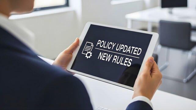 A person holds a tablet with policy updated new rules on the screen
