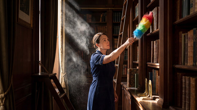 Woman dusting library shelves with rainbow feather duster in golden sunlight