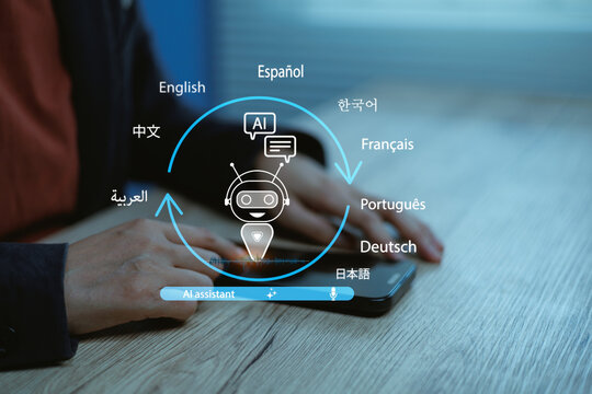 Man using smartphone with AI multilingual voice assistant, real time translation and global language support,Concept of chatbot technology, speech recognition and mobile communication