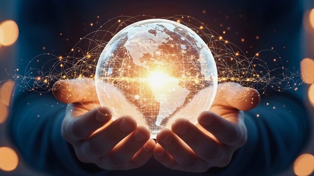 A pixelated image of a glowing orb with hands reaching out