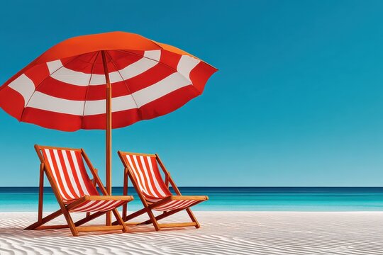 Two red striped beach chairs under a red umbrella on a bright tropical beach at midday