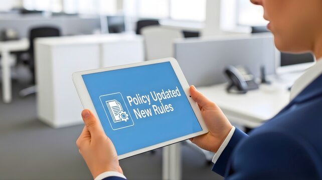 A man in a blue suit holds a tablet with policy updated new rules