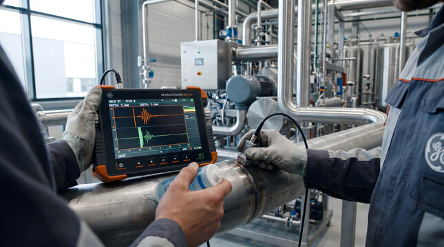 Engineer inspecting industrial pipe with ultrasonic testing equipment
