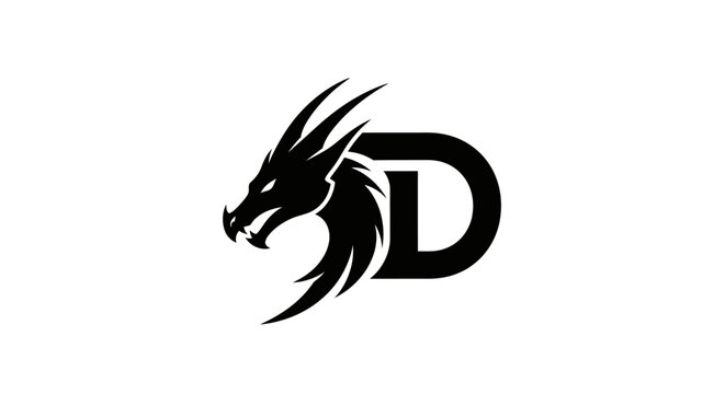 Black dragon head logo design with letter d symbol of power and fantasy