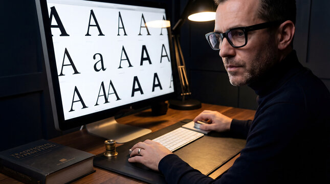 Designer reviewing typeface styles on computer monitor at desk