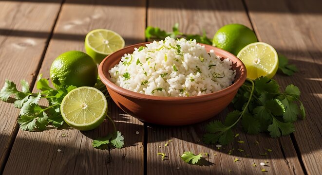 A bowl of cilantro lime rice served in an earthenware dish surrounded by fresh lime and herb sprigs. cilantro lime rice