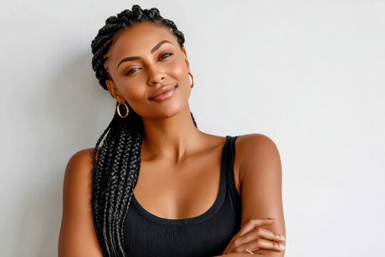 Confident woman with long box braids smiling in a black tank top against white wall