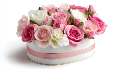Fototapeta premium Elegant arrangement of pink and white roses in a round gift box with ribbon, isolated on a clean white background.