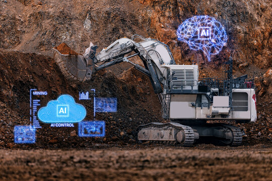 Ai assistant controlled excavator operating in open pit mine with cloud monitoring overlays for equipment control and site management operations