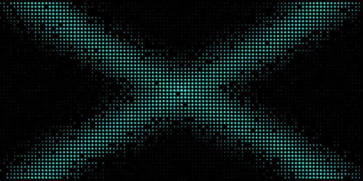 A digital face portrait constructed from numerous teal colored dots
