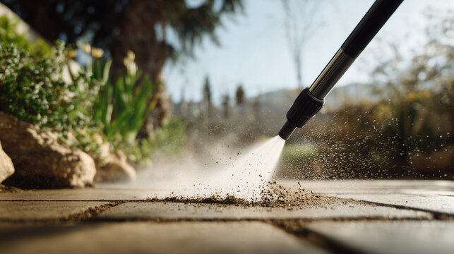Pressure washer nozzle blasting dirt and debris off stone garden pathway, powerful water jet scattering mud particles under sunny sky, representing effective outdoor cleaning and spring maintenance.