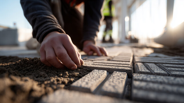 Worker hands carefully laying tactile concrete paving tiles into fresh dark sand bedding layer along urban pathway. Professional sidewalk construction with precise alignment in soft morning sunlight.
