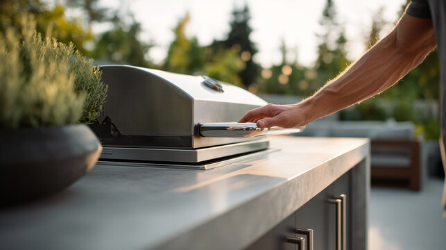 Man's hand opening stainless steel built-in grill lid outdoors, luxury backyard kitchen setup surrounded by greenery, perfect summer entertaining, cooking and relaxation lifestyle concept.
