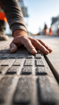 Worker's bare hand pressing gray tactile paving tile into place during urban sidewalk construction, crew visible in background, representing accessible infrastructure installation and city development