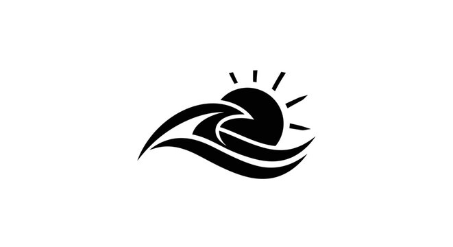 Stylized Sun and Wave Silhouette Icon, Ocean Sunrise or Sunset Symbol