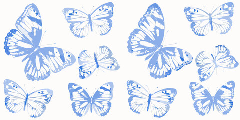A collection of delicate blue butterflies arranged on a white background © Tarun