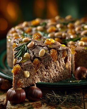 Traditional Italian castagnaccio cake slice with pine nuts and raisins