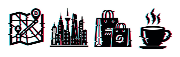 Obraz premium Digital glitch icons featuring map navigation, city skyline, shopping bags, and a hot coffee cup for modern design.