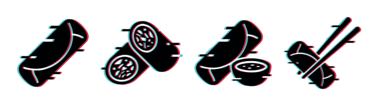 Spring rolls and sushi icons with a modern glitch effect, representing Asian cuisine and fast food concepts.
