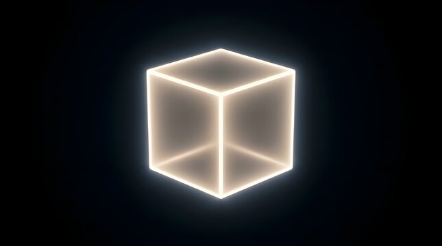 Glowing Warm Gold 3D Cube In Dark Space Abstract Luminous Geometric Shape Minimalist Concept Digital Art Illustration