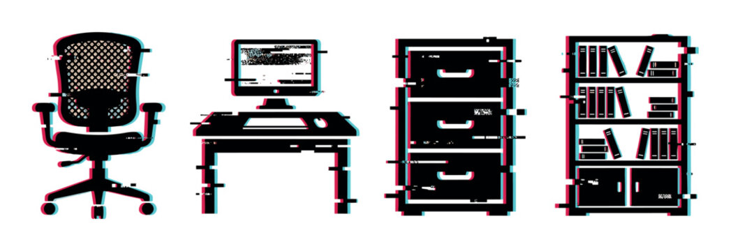 Office furniture set with a glitch effect, including a chair, desk with computer, filing cabinet, and bookshelf, representing digital distortion.