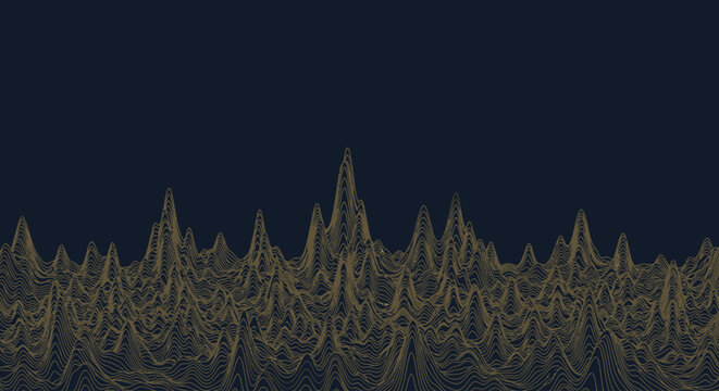 Abstract topographic mountain range with golden textured peaks against a dark navy blue background, creating a sense of depth and scale