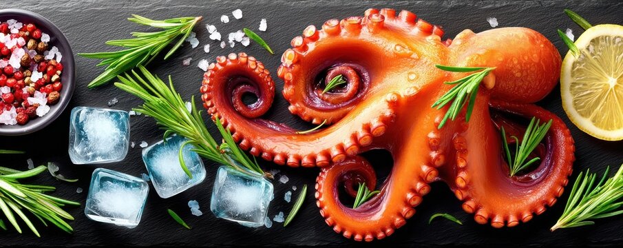 Fresh octopus on black slate with ice cubes, rosemary sprigs and lemon slices for seafood cooking