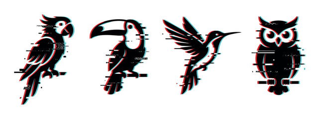 Obraz premium Glitch effect bird silhouettes including parrot, toucan, hummingbird, and owl in a modern digital art style.
