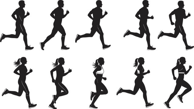 Flat vector illustration, running silhouettes icons, male female athletic stride poses, fitness motion artwork, black white design