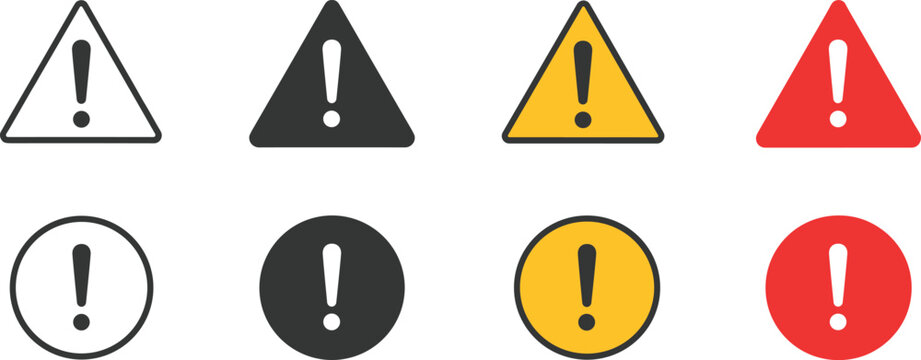Warning icons set, caution exclamation symbols safety signs vector illustration collection design
