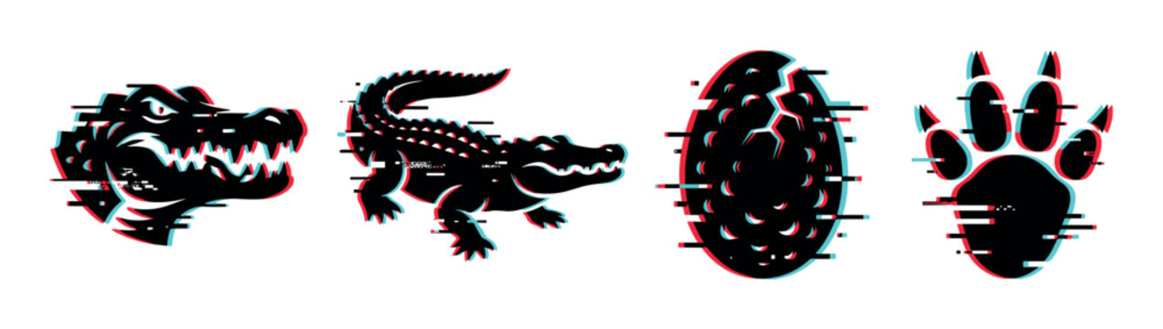 Crocodile, egg, and paw print illustrations featuring a trendy digital glitch effect, perfect for modern graphic design projects.