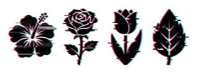 Obraz premium Glitch flowers and leaf vector set with digital distortion effect, featuring hibiscus, rose, tulip, and a plant leaf.