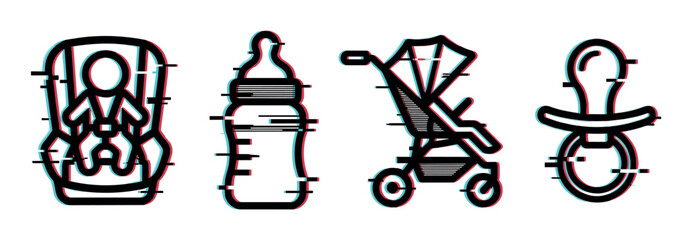 Naklejka premium Baby items icons set with car seat, bottle, stroller, and pacifier featuring a modern glitch effect, perfect for digital design.