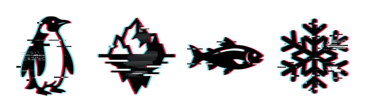 Penguin, iceberg, fish, and snowflake icons with a modern digital glitch effect and RGB color shift distortion.