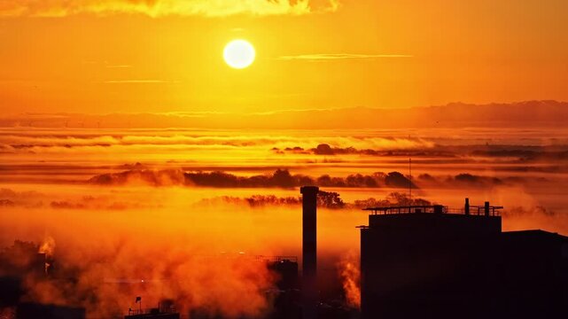 Sunrise over a valley filled with low-lying fog, silhouetting factory buildings and chimneys
