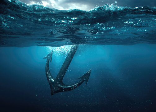 A Metallic Anchor Submerged in Deep Blue Ocean Water Representing Stability Amidst Surface Chaos and Turmoil
