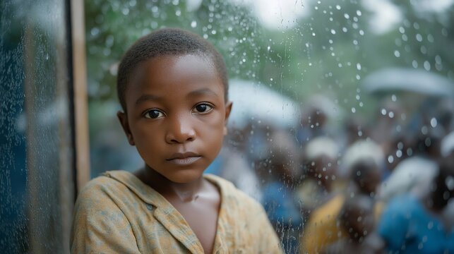 Rain soaked streets outside urban clinic where uninsured patient peers through window at crowded waiting room, highlighting disparities in medical access, perfect for health equity, social justice,
