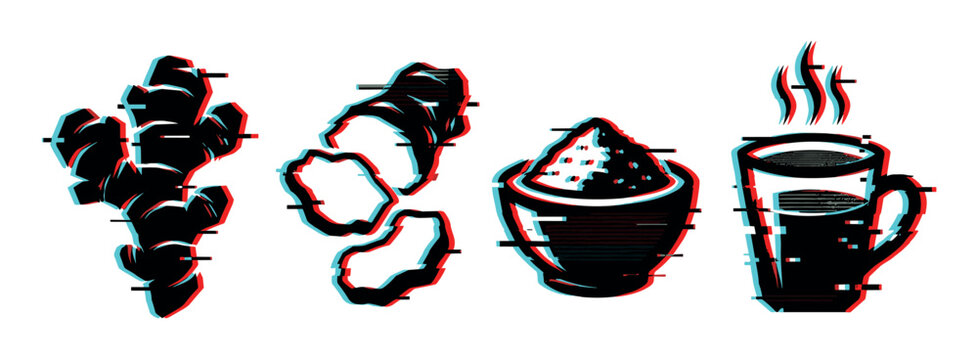 Ginger root, slices, powder, and hot tea cup with a modern digital glitch effect, representing a blend of natural ingredients and technology.