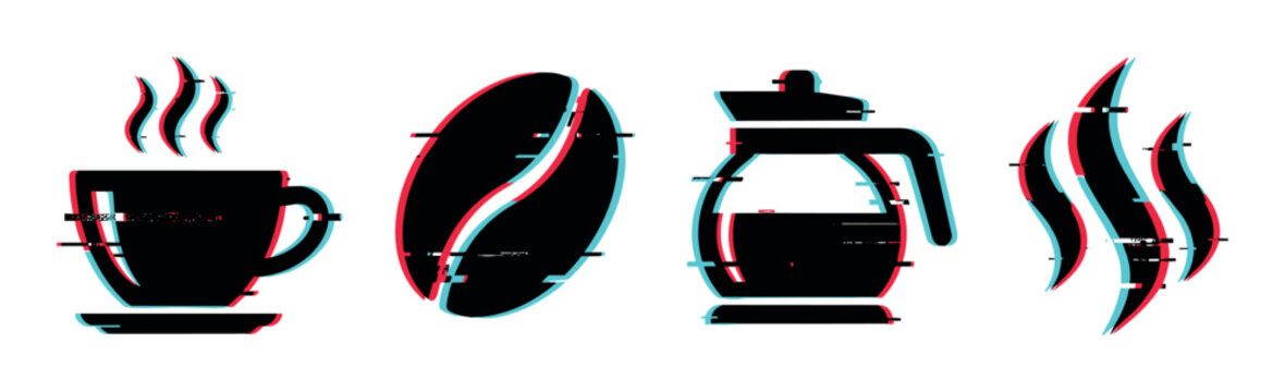 Coffee icons with a modern digital glitch effect, featuring a steaming cup, bean, pot, and steam in a contemporary vector illustration.