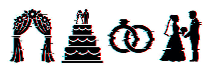 Naklejka premium Wedding icons with glitch effect, featuring an arch, cake, rings, and a bride and groom silhouette, representing modern marriage concepts.