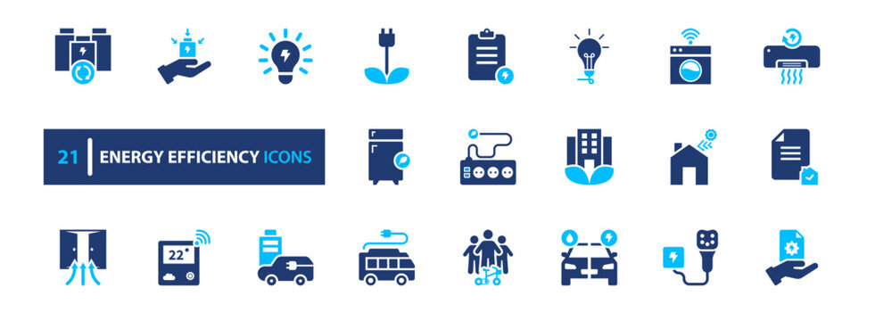 Energy efficiency icon set. power, saving, sustainability, renewable, optimization. solid style icon collection.