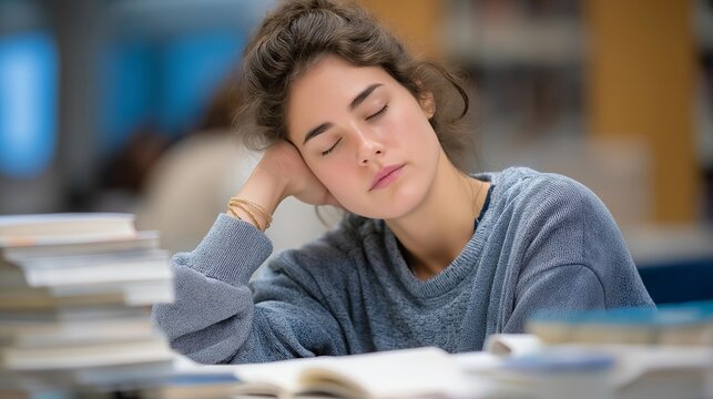 Overwhelmed college student surrounded by textbooks practices mindfulness breathing technique in crowded campus library during finals week stress management session, perfect for student wellness