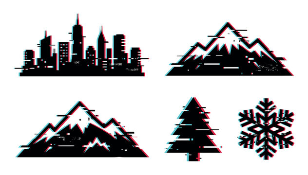 Glitch effect silhouettes of a city skyline, mountains, pine tree, and snowflake with digital distortion.