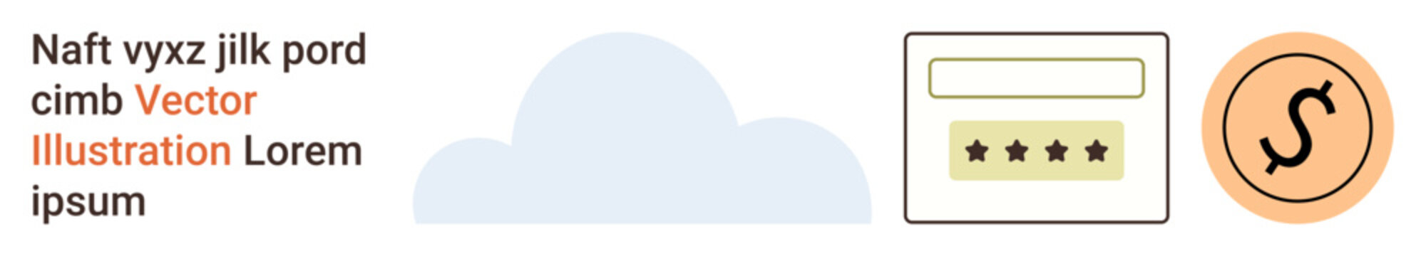 Data protection, secure login, cloud storage, cybersecurity, encryption, online authentication. Password entry fields and a dollar sign security icon. Data protection and secure login