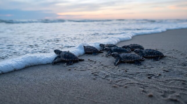Tiny sea turtle hatchlings scurrying across a sandy beach towards the ocean