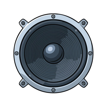 Circular audio speaker driver with metallic grille and silver screws detailed illustration