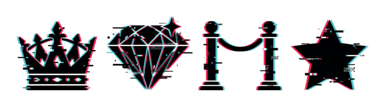 Crown, diamond, velvet rope, and star icons with a modern digital glitch effect, symbolizing luxury, exclusivity, and achievement in a contemporary style.